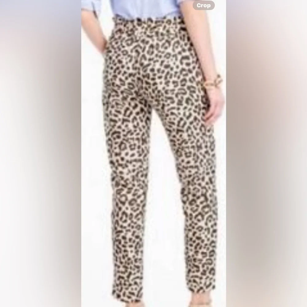 J Crew Womens Leopard Print Crop Ankle Pants Linen Bland Ruffed Waist Size 14